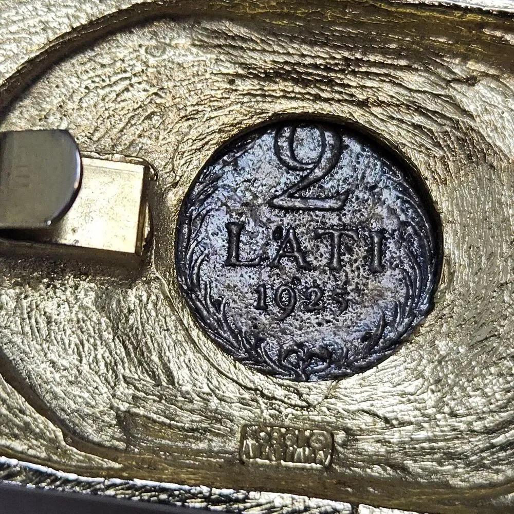 Latvijas‎ Republika 2 Lati 1925 Coin In Gold Tone Medallion Buckle & Brown Belt